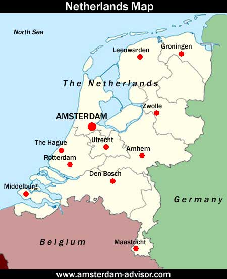 Map of the Netherlands showing Amsterdam's location